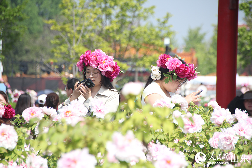 游客头戴牡丹花冠，纷纷拍照打卡。人民网记者 宋翠摄